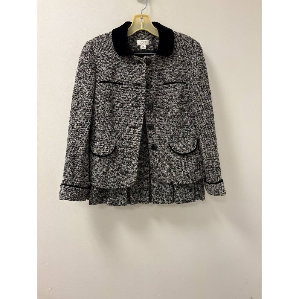 VTG Ann Taylor Loft Black Tweed 2-Piece Pleated Skirt Suit Velvet Collar Sz 10P